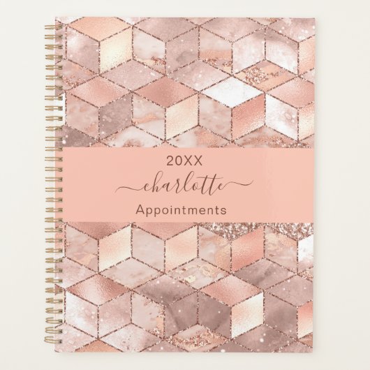 Roos gouden kubus marmer naam glitter script planner (Voorkant)