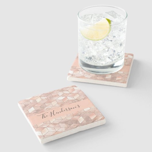 Roos gouden kubus patroon familienaam script moder stenen onderzetter (Zijkant)