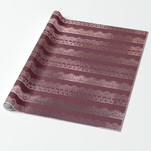 Roos Gouden Lace Stripe Pattern op Bourgogne Cadeaupapier