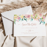 Roos gouden lente bloemenhorizontaal bruiloft save the date<br><div class="desc">Dit roos goudveer is een horizontale bruiloft,  maar de datum is perfect voor een rustige bruiloft. Het ontwerp kenmerkt een schat aan kleurrijke pinda's en groene bladeren,  die netjes in charmante bouquets zijn gebundeld,  die de natuurlijke schoonheid inspireert.</div>