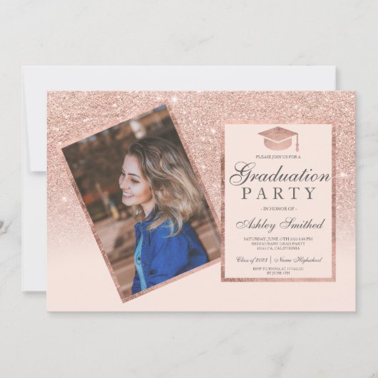 Roos gouden lijst blauw foto-afstuderen kaart (Voorkant)