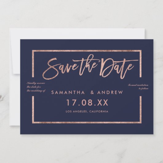 Roos gouden lijst, blauw, sla de datum op save the date (Voorkant)
