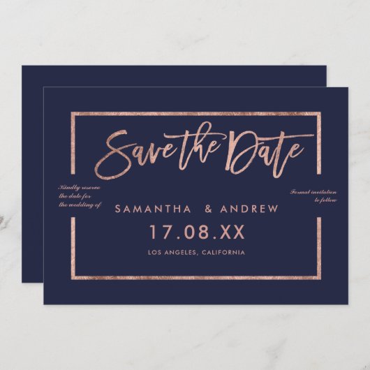 Roos gouden lijst, blauw, sla de datum op save the date (Voorkant / Achterkant)