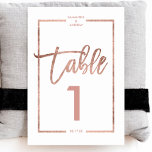 Roos gouden lijst script witte tabel nummer kaart<br><div class="desc">roos Gold typografie op aanpasbare wit roségoud half lijst,  en faux roos gouden geometrische strepen chique tafelnummer bruiloft,  ideaal voor elegant,  strandbruiloft, </div>