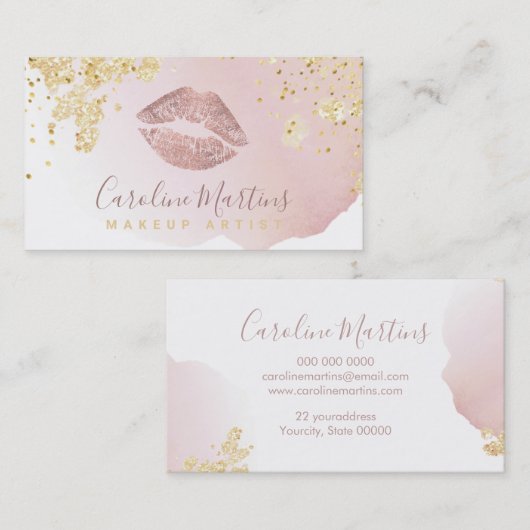 roos gouden lippen blush waterverf en FAUX glitter Visitekaartje (Voorkant / Achterkant)