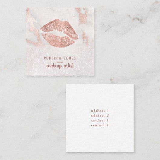roos gouden lippen op roze marmer en faux glitter vierkante visitekaartje (Voorkant / Achterkant)