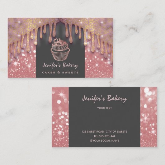 Roos gouden luxueuze glitterdruppels cupcake bakke visitekaartje (Voorkant / Achterkant)