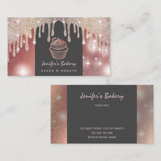 Roos gouden luxueuze glitterdruppels cupcake bakke visitekaartje (Voorkant / Achterkant)