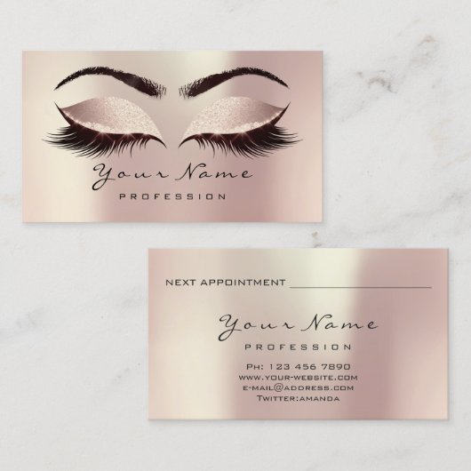 Roos gouden make-up artiest lash roze ogen blush afsprakenkaartje (Voorkant / Achterkant)