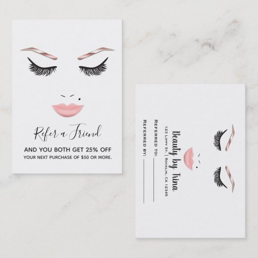 Roos gouden make-up gezicht wimpers lippen doorver visitekaartje (Voorkant / Achterkant)