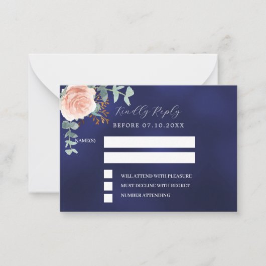 Roos gouden marine blauw bloemenbruiloft reactie R Notitiekaartje (Voorkant)