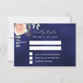 Roos gouden marine blauw bloemenbruiloft reactie R RSVP Kaartje (Voorkant)