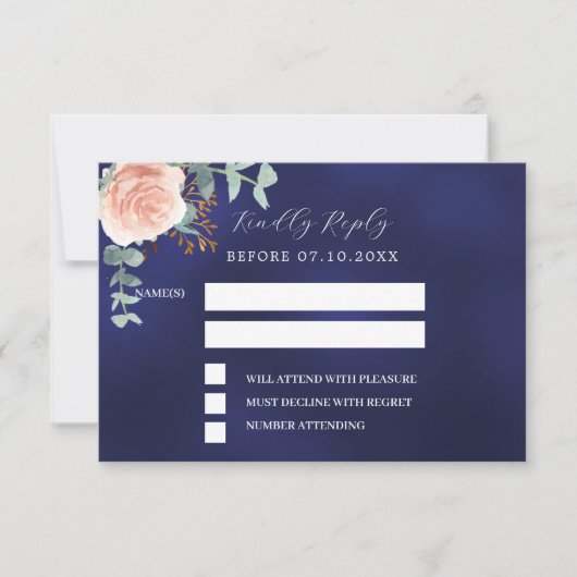 Roos gouden marine blauw bloemenbruiloft reactie R RSVP Kaartje (Voorkant)