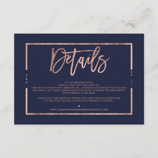 Roos gouden marineblauw script bruiloft richting informatiekaartje (Voorkant)