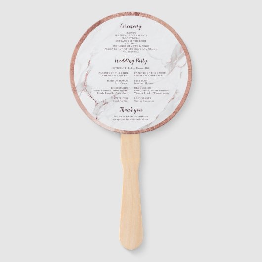 Roos gouden marmer luxe modern huwelijksprogramma handwaaier (Achterkant)