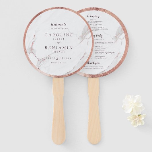 Roos gouden marmer luxe modern huwelijksprogramma handwaaier (Voorkant en achterkant)