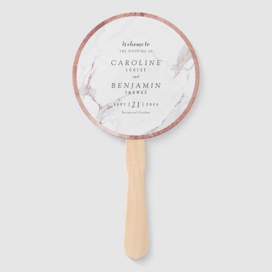 Roos gouden marmer luxe modern huwelijksprogramma handwaaier (Voorkant)