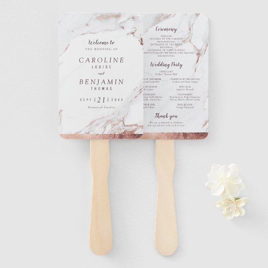Roos gouden marmer luxe modern huwelijksprogramma handwaaier (Voorkant en achterkant)