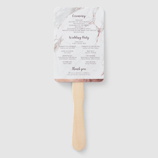 Roos gouden marmer luxe modern huwelijksprogramma handwaaier (Achterkant)