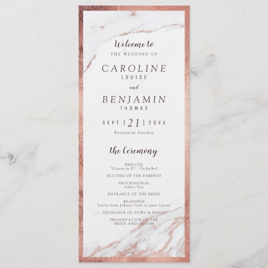 Roos gouden marmer luxe modern huwelijksprogramma programmakaart (Voorkant)