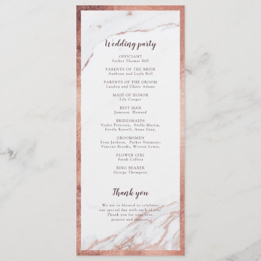 Roos gouden marmer luxe modern huwelijksprogramma programmakaart (Achterkant)