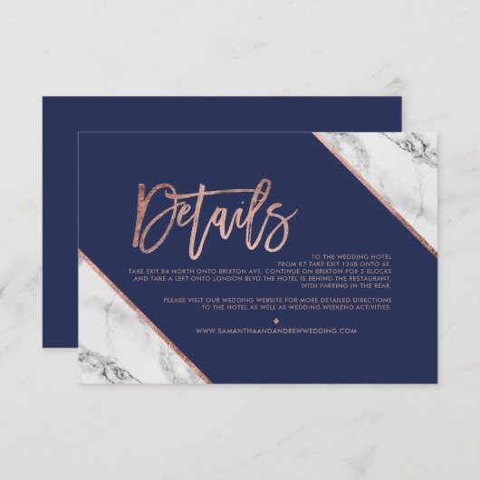 Roos gouden marmer marineschrift bruiloft richting informatiekaartje (Voorkant / Achterkant)