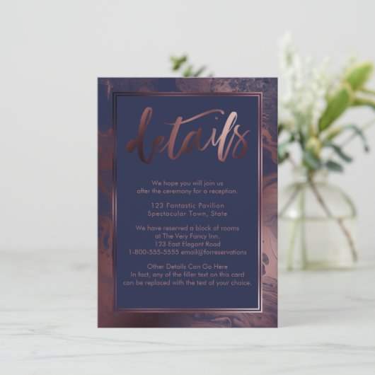 Roos gouden marmeren bruiloft details over marineb informatiekaartje (Staand voorkant)
