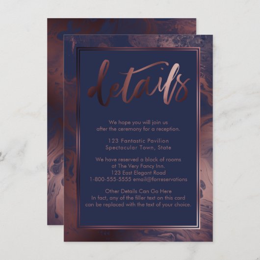 Roos gouden marmeren bruiloft details over marineb informatiekaartje (Voorkant / Achterkant)