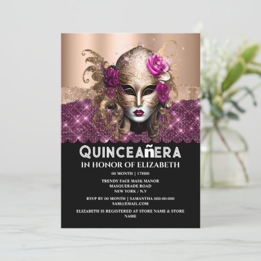 Roos gouden maskerade Quinceañera verjaardagsmaske Kaart (Staand voorkant)