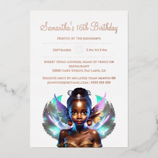 Roos gouden melanine fee prinses betoverd real folie uitnodiging (Voorkant)