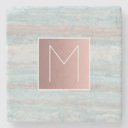 roos gouden monogram grijs blauw roze marmer stenen onderzetter (Voorkant)