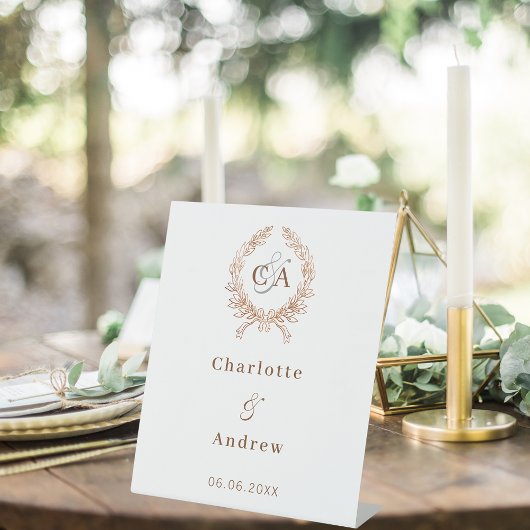 Roos gouden monogram krans bruiloft welkom reclamebord met voetstuk