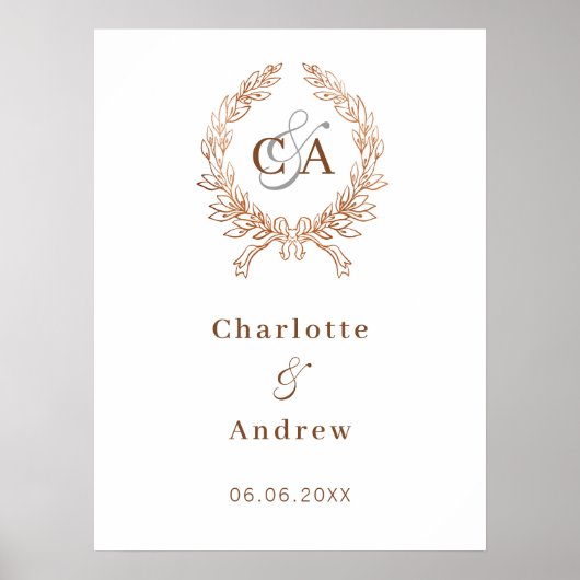 Roos gouden monogram krans bruiloft welkomstbord poster (Voorkant)