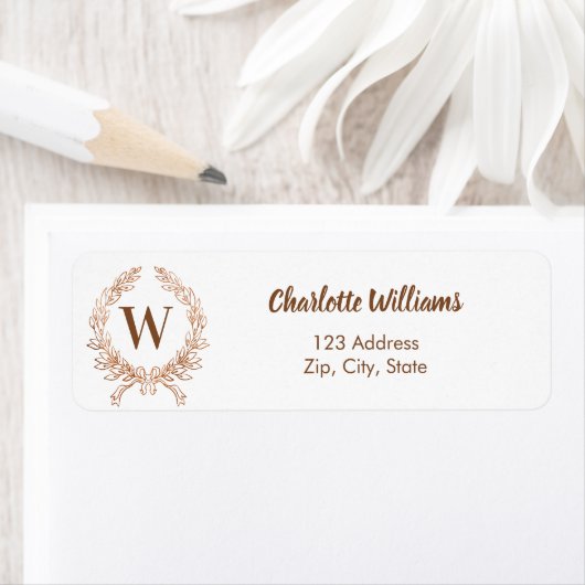 Roos gouden monogram krans retouradres etiket (Insitu)