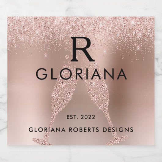 Roos Gouden Monogram Logo Vier Nieuwe Zaken Sparkling Wijnetiket (Enkel label)