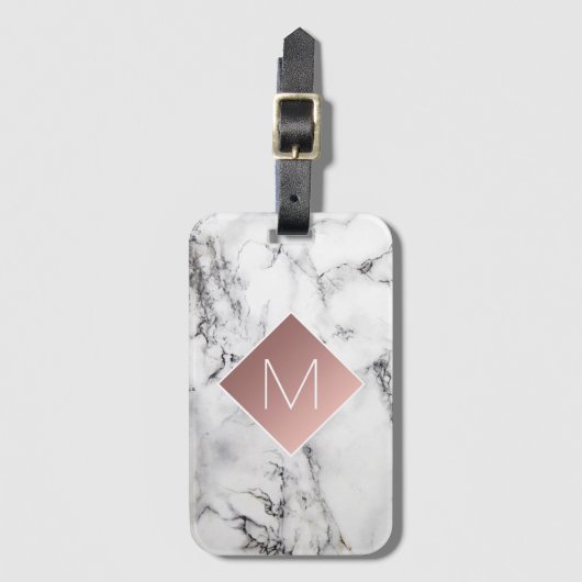 roos gouden monogram op zwart wit marmeren steen bagagelabel (Voorkant (verticaal))