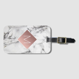 roos gouden monogram op zwart wit marmeren steen bagagelabel