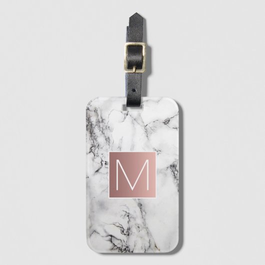 roos gouden monogram op zwarte witte steen bagagelabel (Voorkant (verticaal))