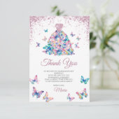 Roos Gouden Mousserende Vlinders Gown Quinceanera Bedankkaart (Staand voorkant)