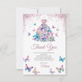 Roos Gouden Mousserende Vlinders Gown Quinceanera Bedankkaart