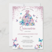 Roos Gouden Mousserende Vlinders Gown Quinceanera Kaart (Voorkant)