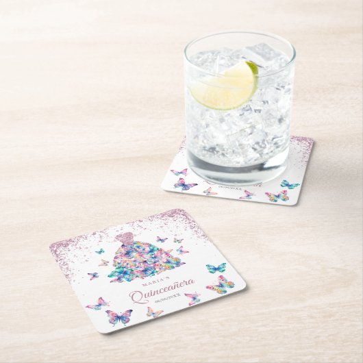 Roos Gouden Mousserende Vlinders Gown Quinceanera Kartonnen Onderzetters (Insitu)