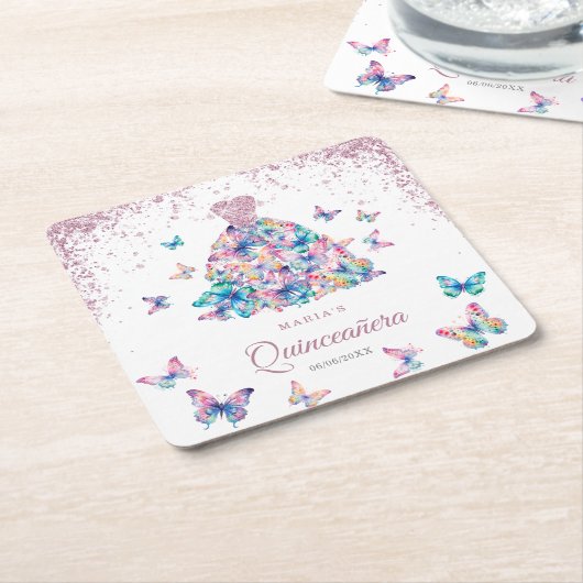 Roos Gouden Mousserende Vlinders Gown Quinceanera Kartonnen Onderzetters (Schuin)