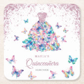 Roos Gouden Mousserende Vlinders Gown Quinceanera Kartonnen Onderzetters (Voorkant)