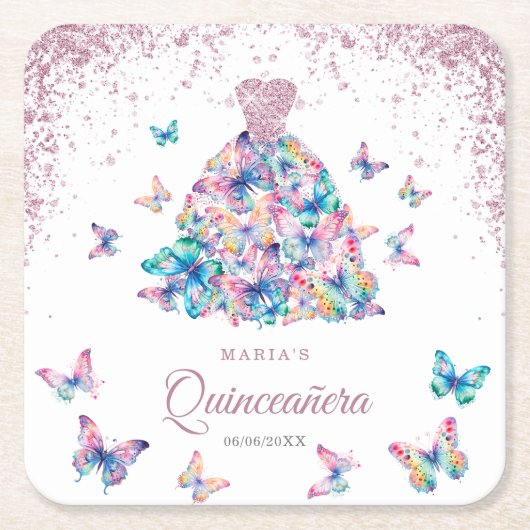 Roos Gouden Mousserende Vlinders Gown Quinceanera Kartonnen Onderzetters (Voorkant)