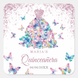 Roos Gouden Mousserende Vlinders Gown Quinceanera Vierkante Sticker