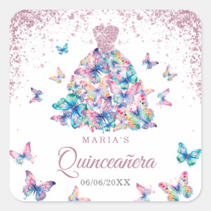 Roos Gouden Mousserende Vlinders Gown Quinceanera Vierkante Sticker