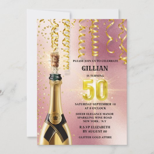 Roos gouden mousserende wijn glitterschouderwets kaart (Voorkant)