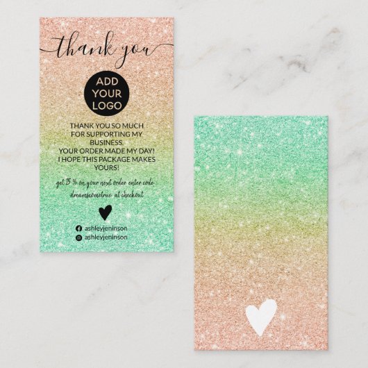 Roos gouden munt glitter sparkles bestellen dank u visitekaartje (Voorkant / Achterkant)