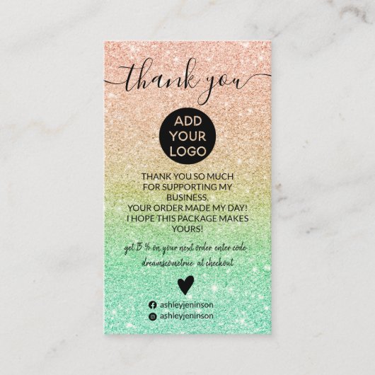 Roos gouden munt glitter sparkles bestellen dank u visitekaartje (Voorkant)